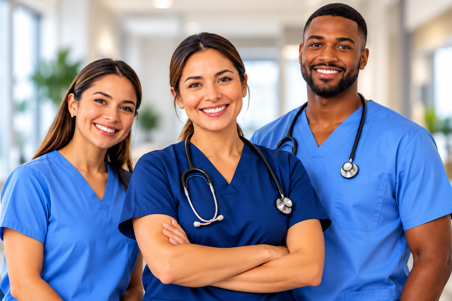 Three nursing professionals in blue scrubs smile in a bright hallway