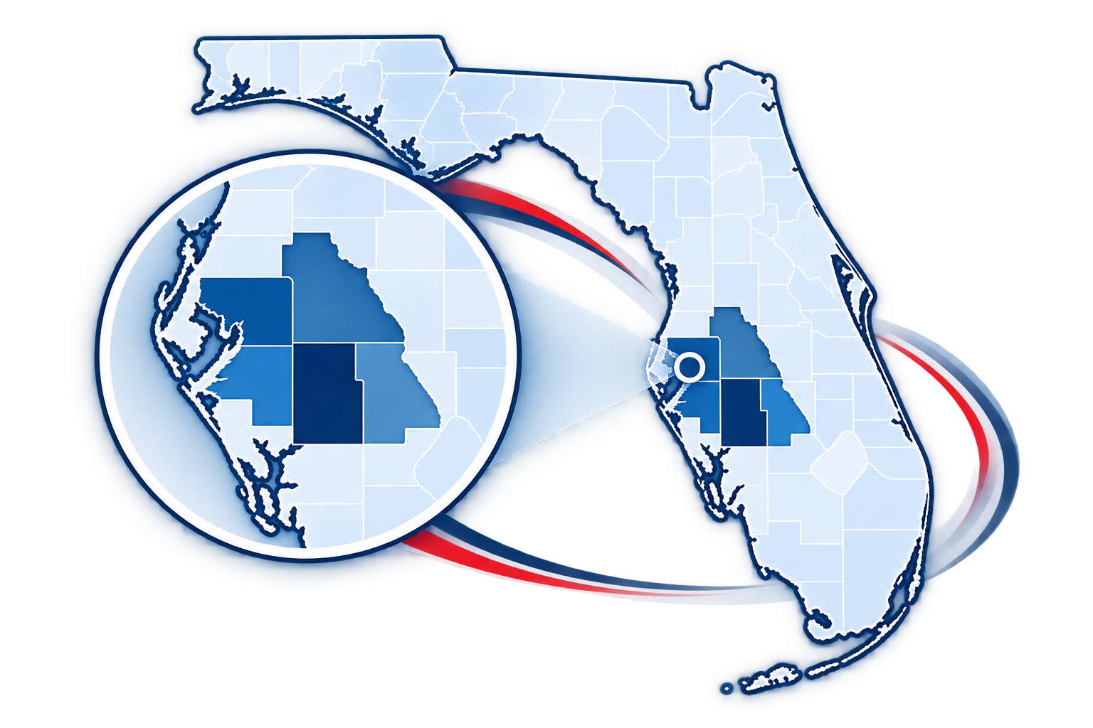 Map of Florida with the service-area counties highlighted