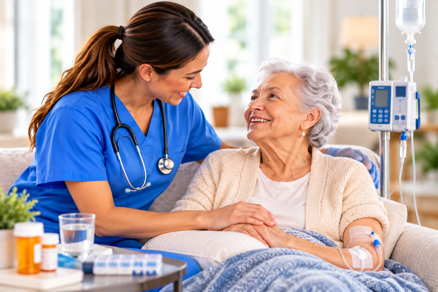 A nurse sits with an older woman in a home living room